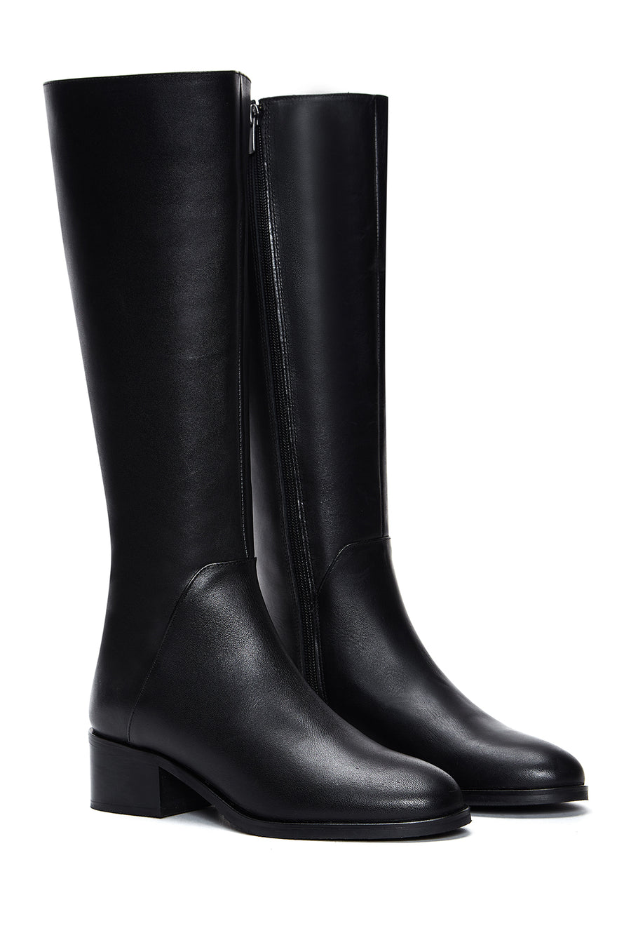 Woman Black Zippered Low Heeled Shoes Leather Boot