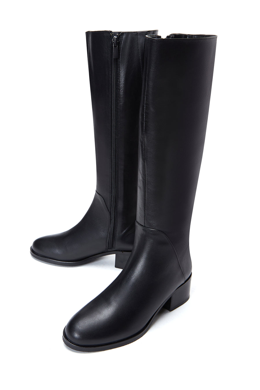 Woman Black Zippered Low Heeled Shoes Leather Boot