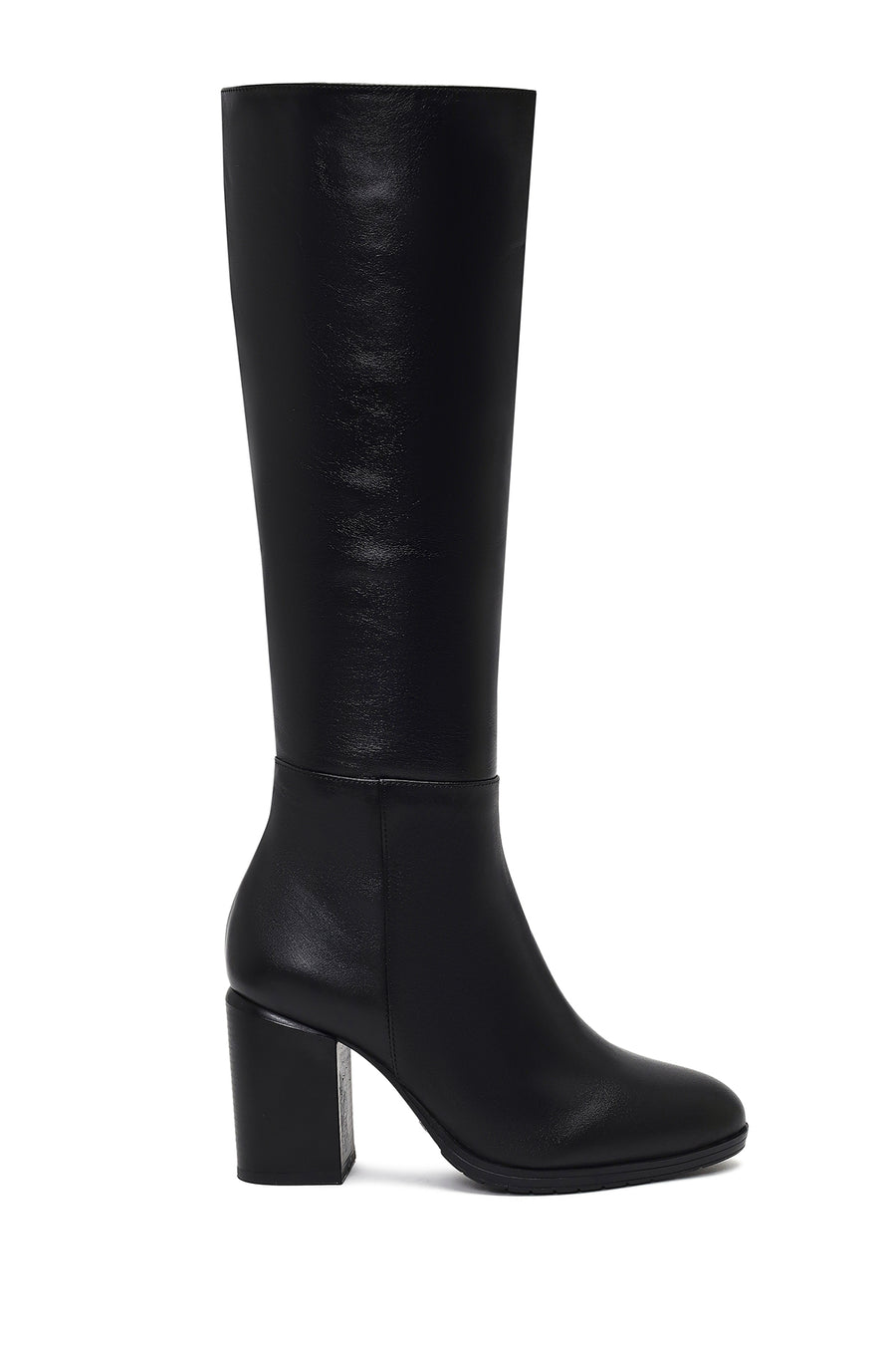 Women's Black Zippered Thick Heeled Leather Boot 25WFD240118 | Derimod