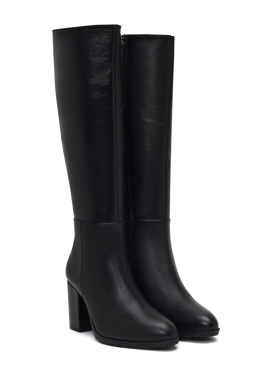 Women's Black Zippered Thick Heeled Leather Boot