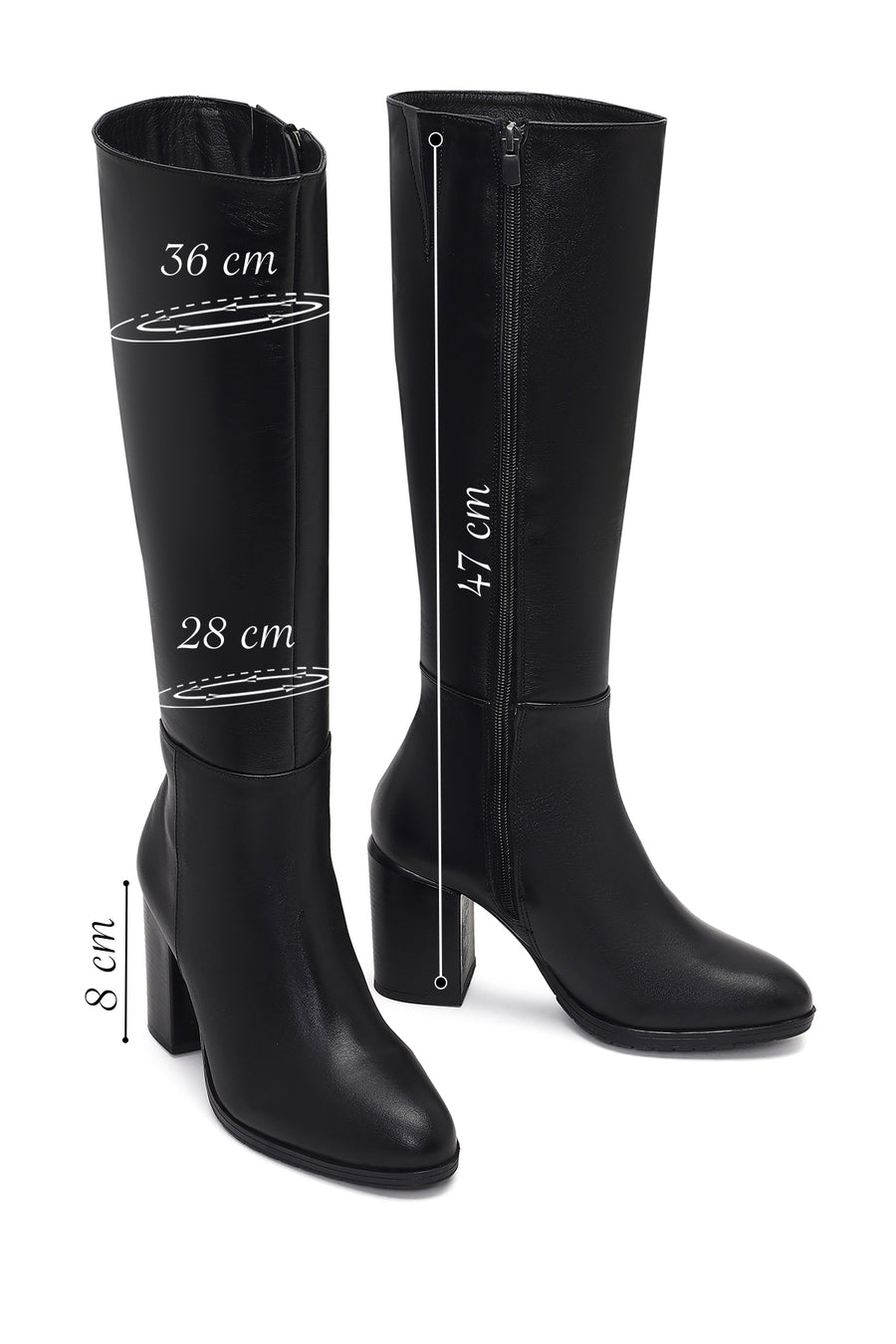 Women's Black Zippered Thick Heeled Leather Boot