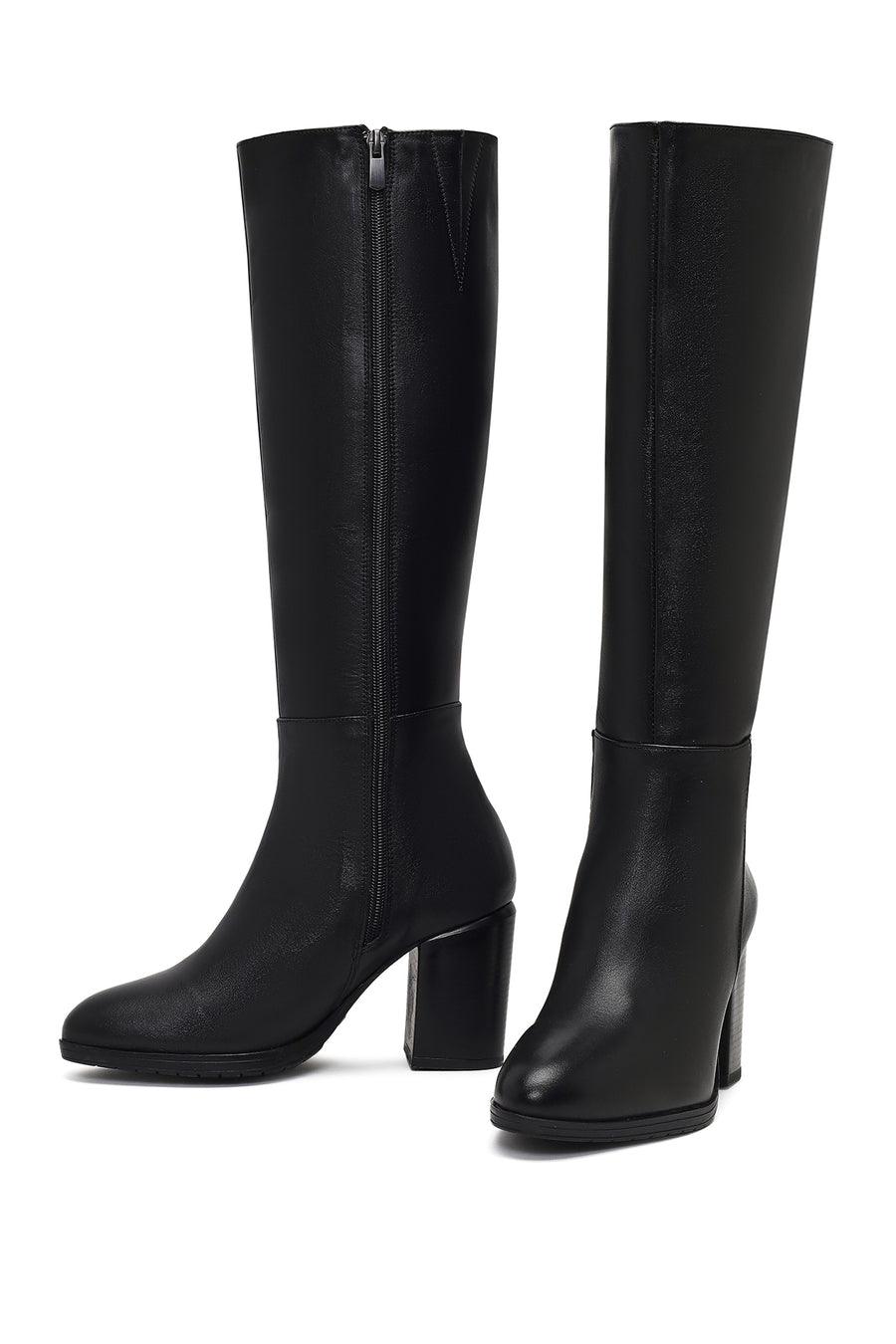 Women's Black Zippered Thick Heeled Leather Boot