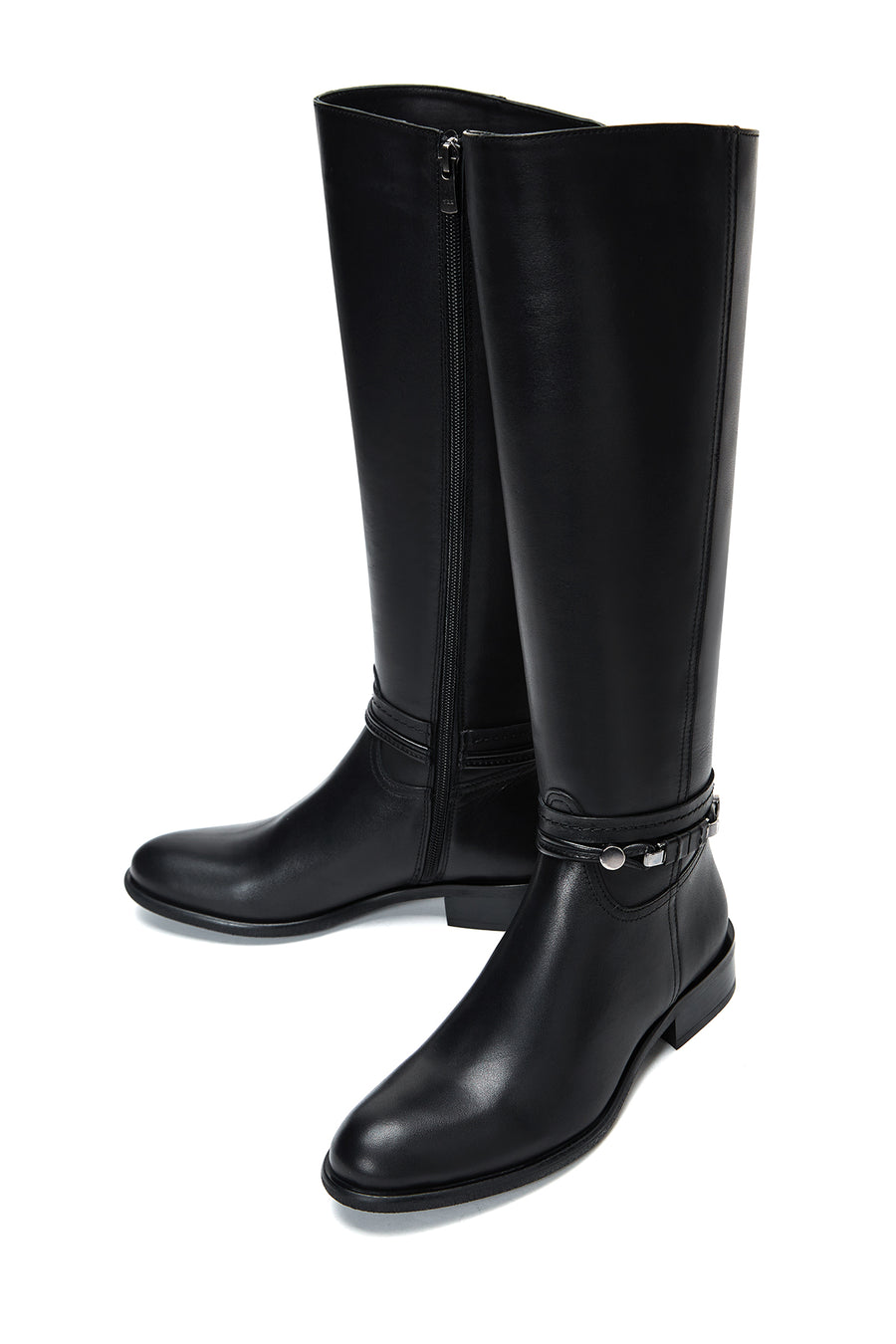 Woman Black Zippered Accessory Detail Leather Boot