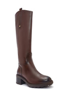 Woman Brown Zippered Low Heels Leather Boot | Derimod