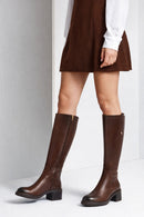 Woman Brown Zippered Low Heels Leather Boot | Derimod