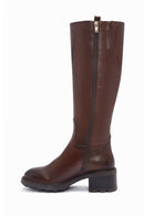 Woman Brown Zippered Low Heels Leather Boot | Derimod