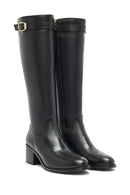 Woman Black Zippered Chunky Heels Leather Boot | Derimod