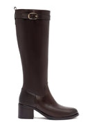Woman Brown Zippered Chunky Heels Leather Boot | Derimod