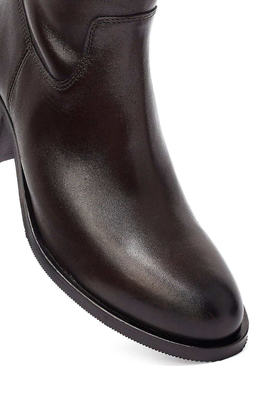Woman Brown Zippered Chunky Heels Leather Boot