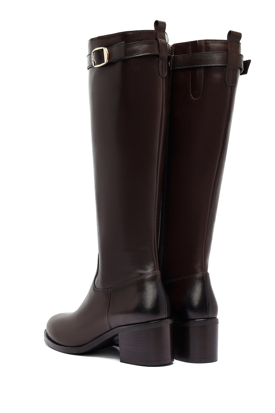 Woman Brown Zippered Chunky Heels Leather Boot