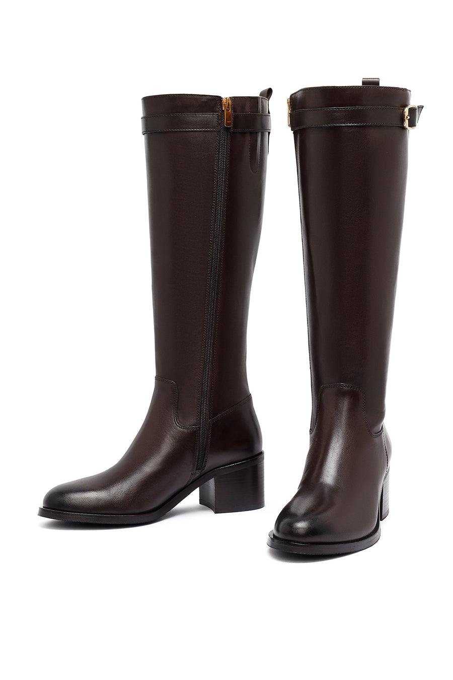 Woman Brown Zippered Chunky Heels Leather Boot