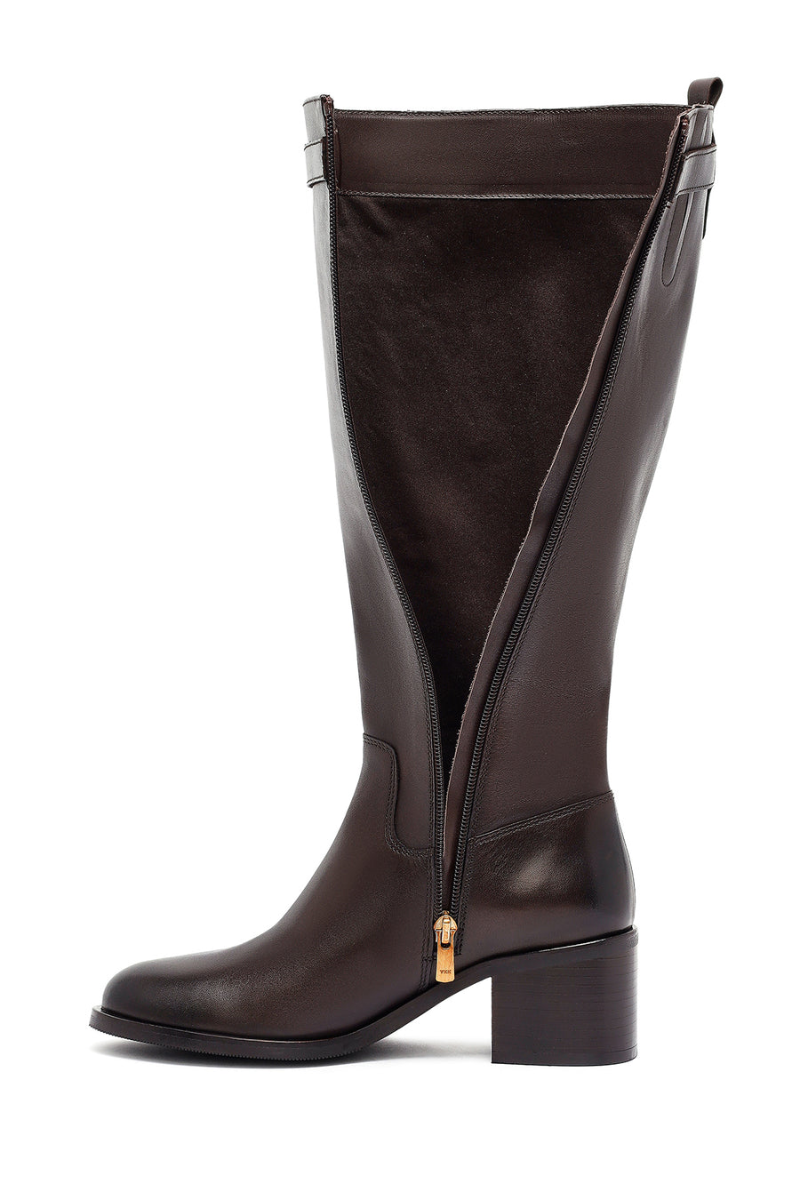 Woman Brown Zippered Chunky Heels Leather Boot