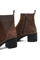 Women's Taupe Zippered Thick Heeled Suede Leather Boot | Derimod