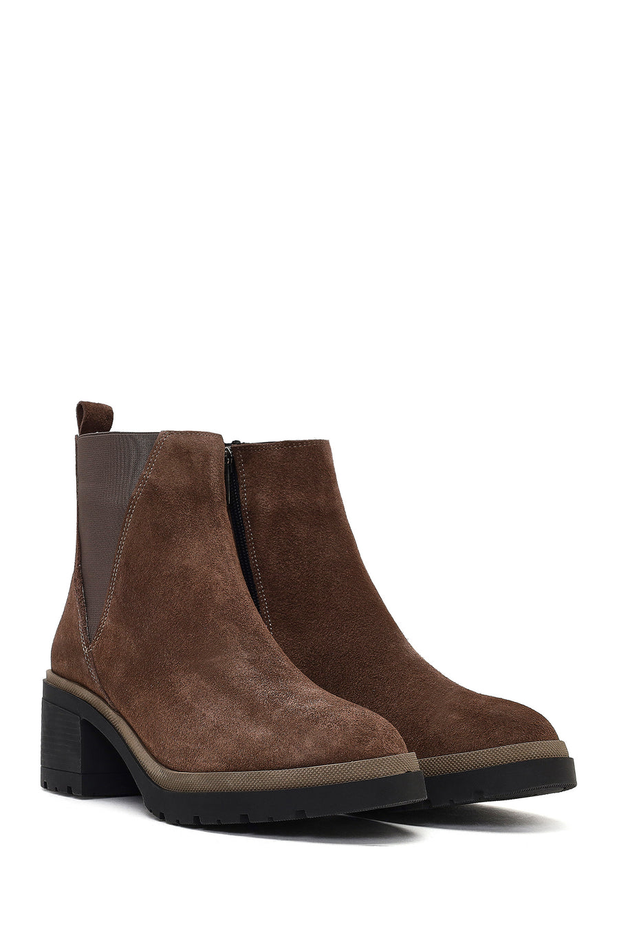 Women's Taupe Zippered Thick Heeled Suede Leather Boot