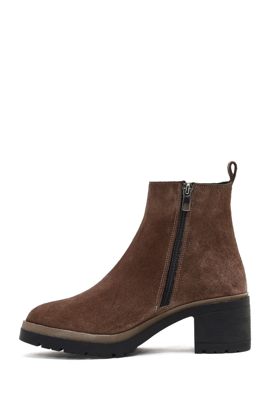 Women's Taupe Zippered Thick Heeled Suede Leather Boot