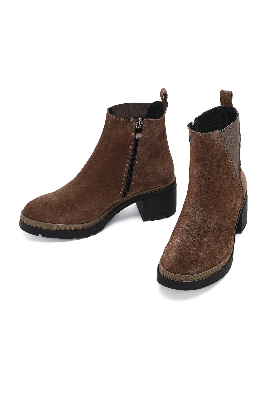 Women's Taupe Zippered Thick Heeled Suede Leather Boot