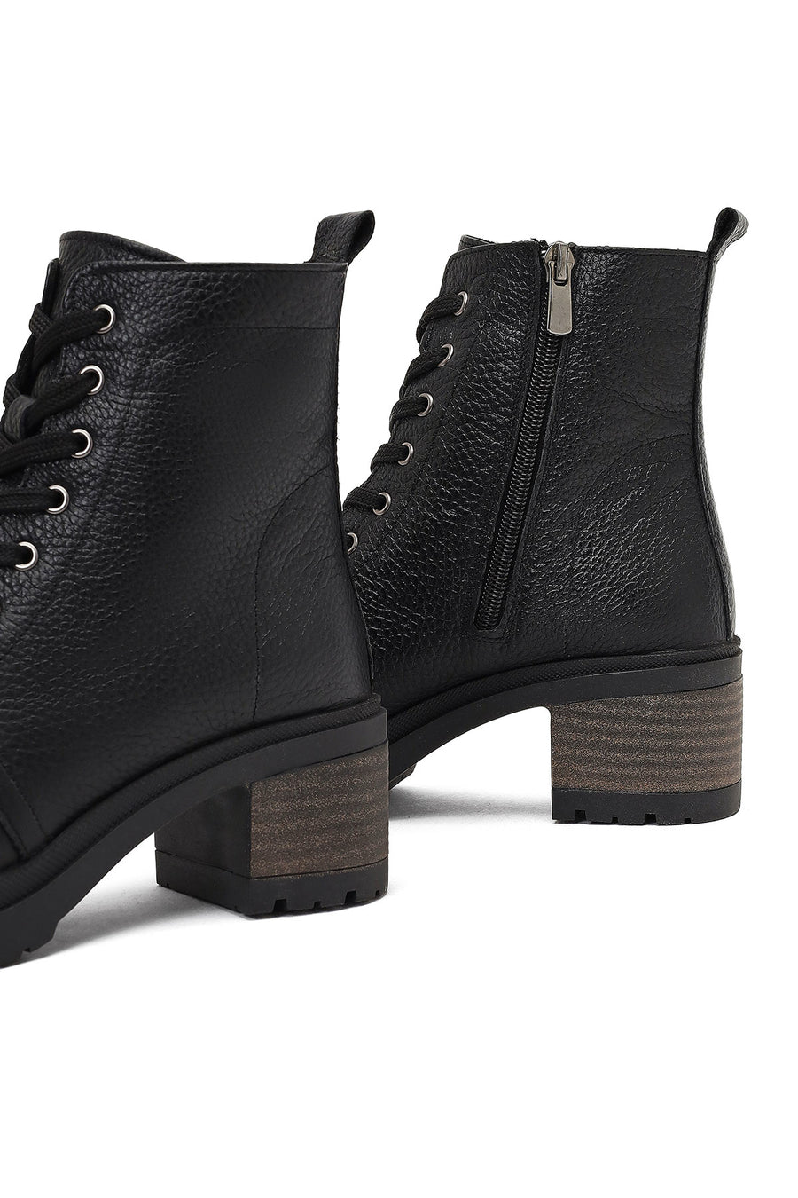Women's Black Zippered Thick Heeled Leather Combat Boots