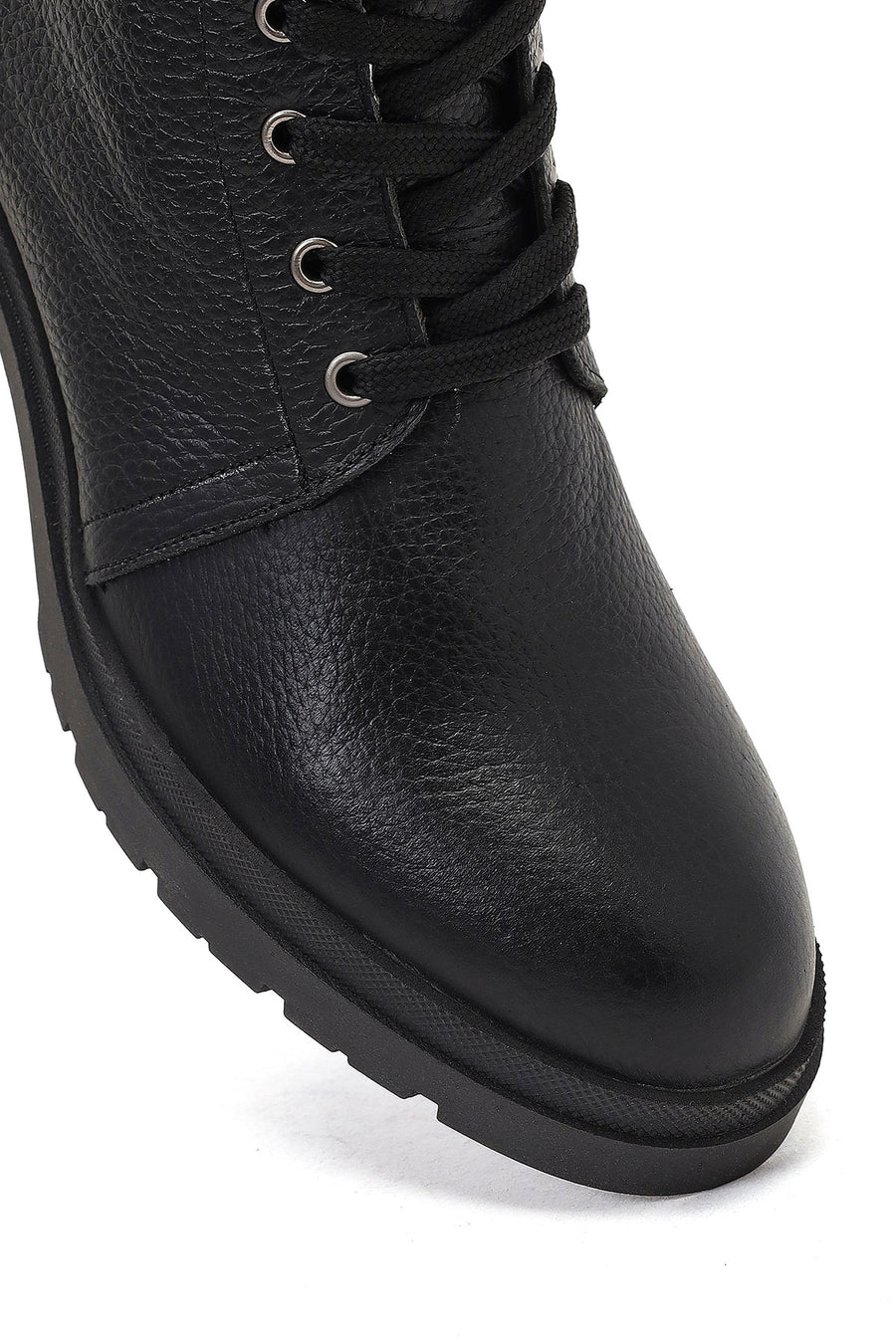 Women's Black Zippered Thick Heeled Leather Combat Boots