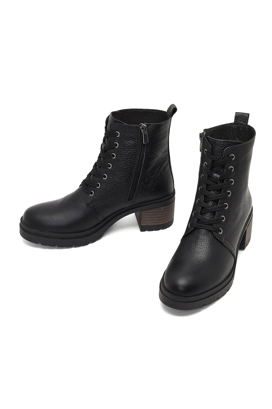 Women's Black Zippered Thick Heeled Leather Combat Boots