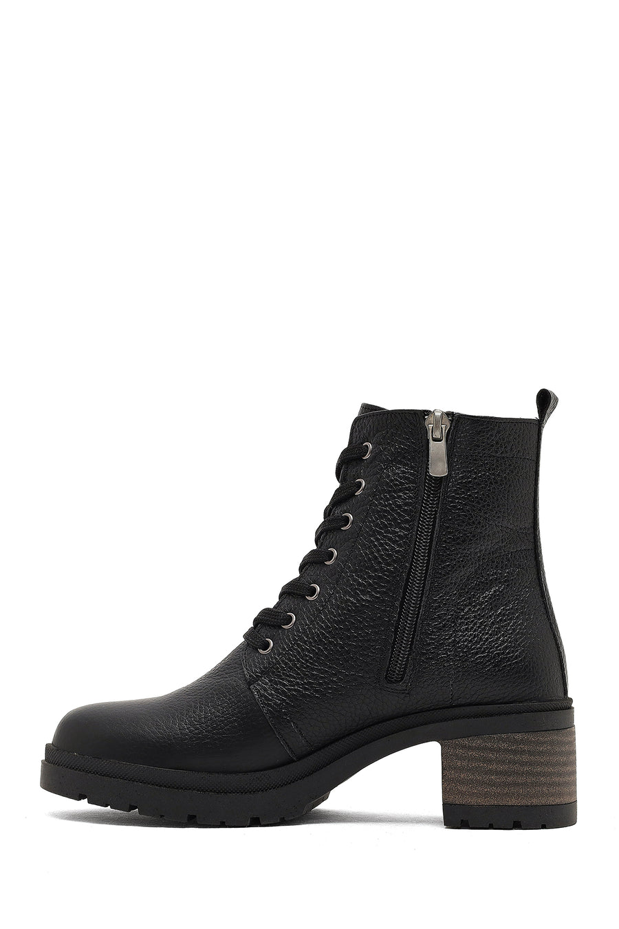 Women's Black Zippered Thick Heeled Leather Combat Boots