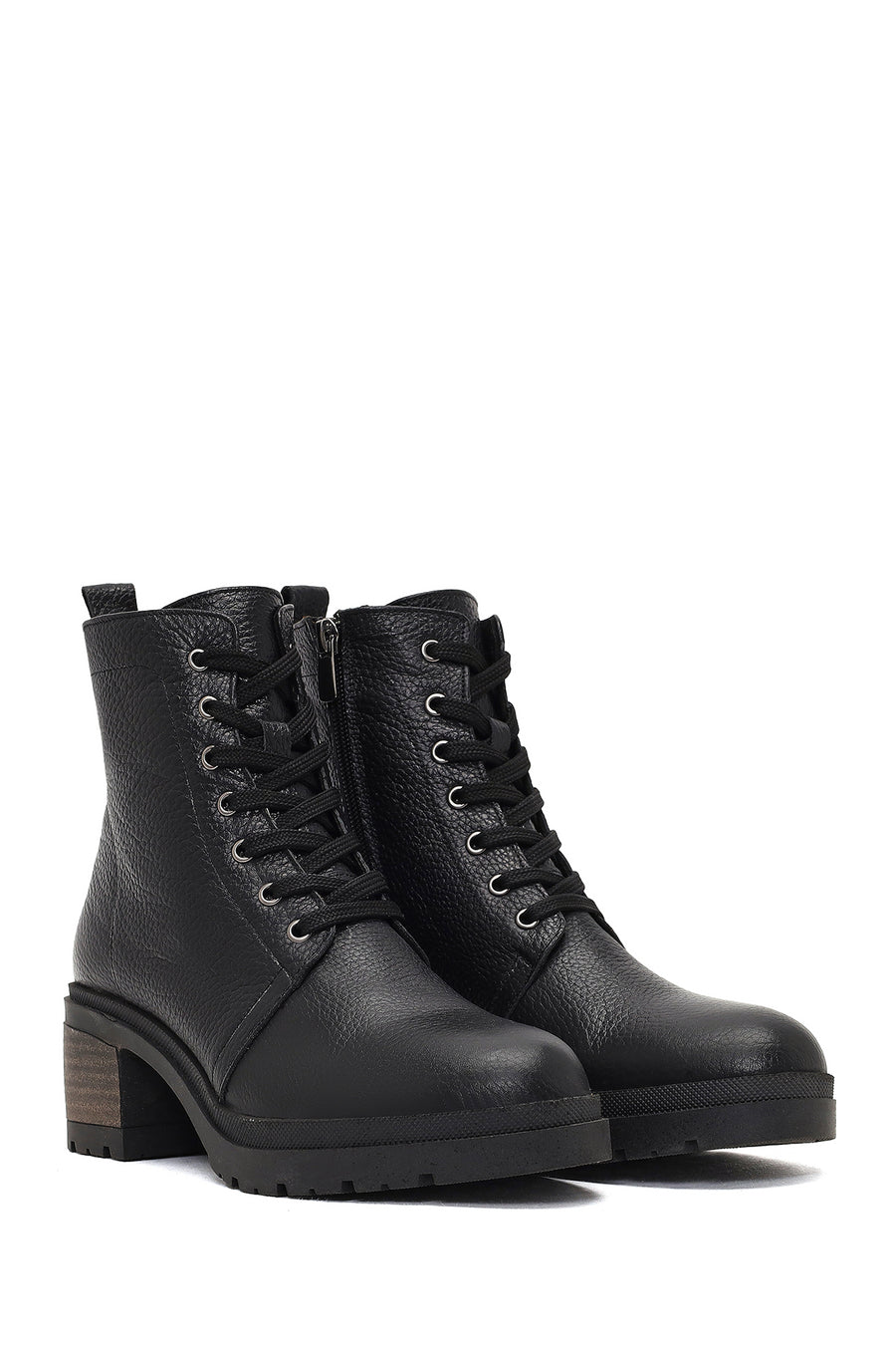 Women's Black Zippered Thick Heeled Leather Combat Boots