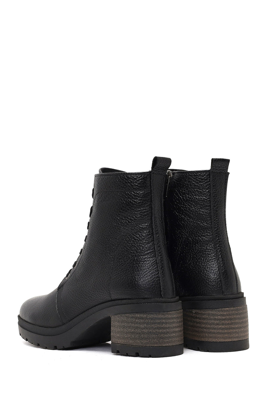 Women's Black Zippered Thick Heeled Leather Combat Boots