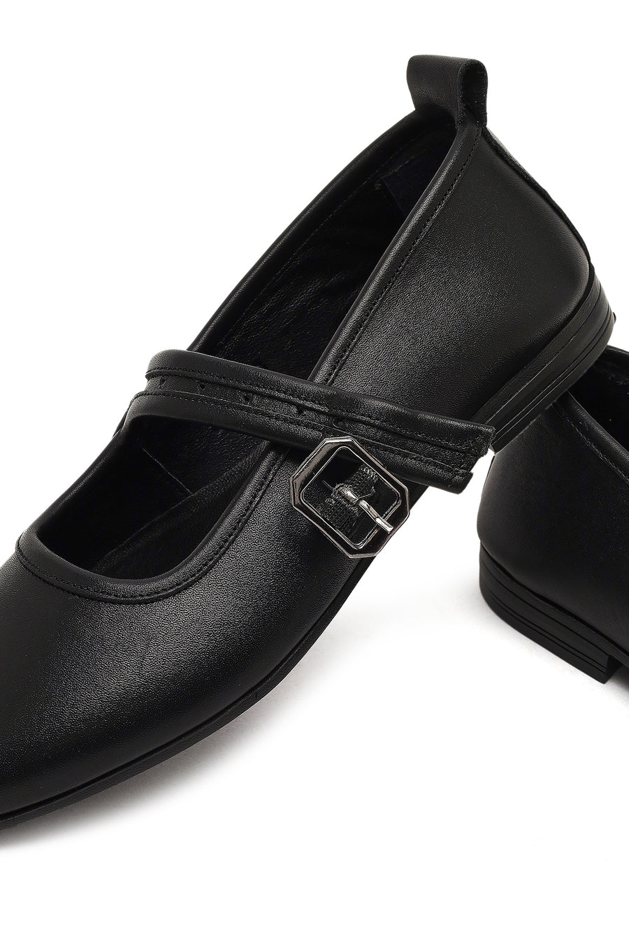 Women's Black Buckled Leather Ballet Flat