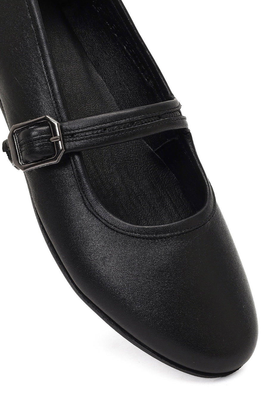Women's Black Buckled Leather Ballet Flat