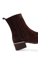 Woman Brown Zippered Low Chunky Heel Suede Leather Boat | Derimod