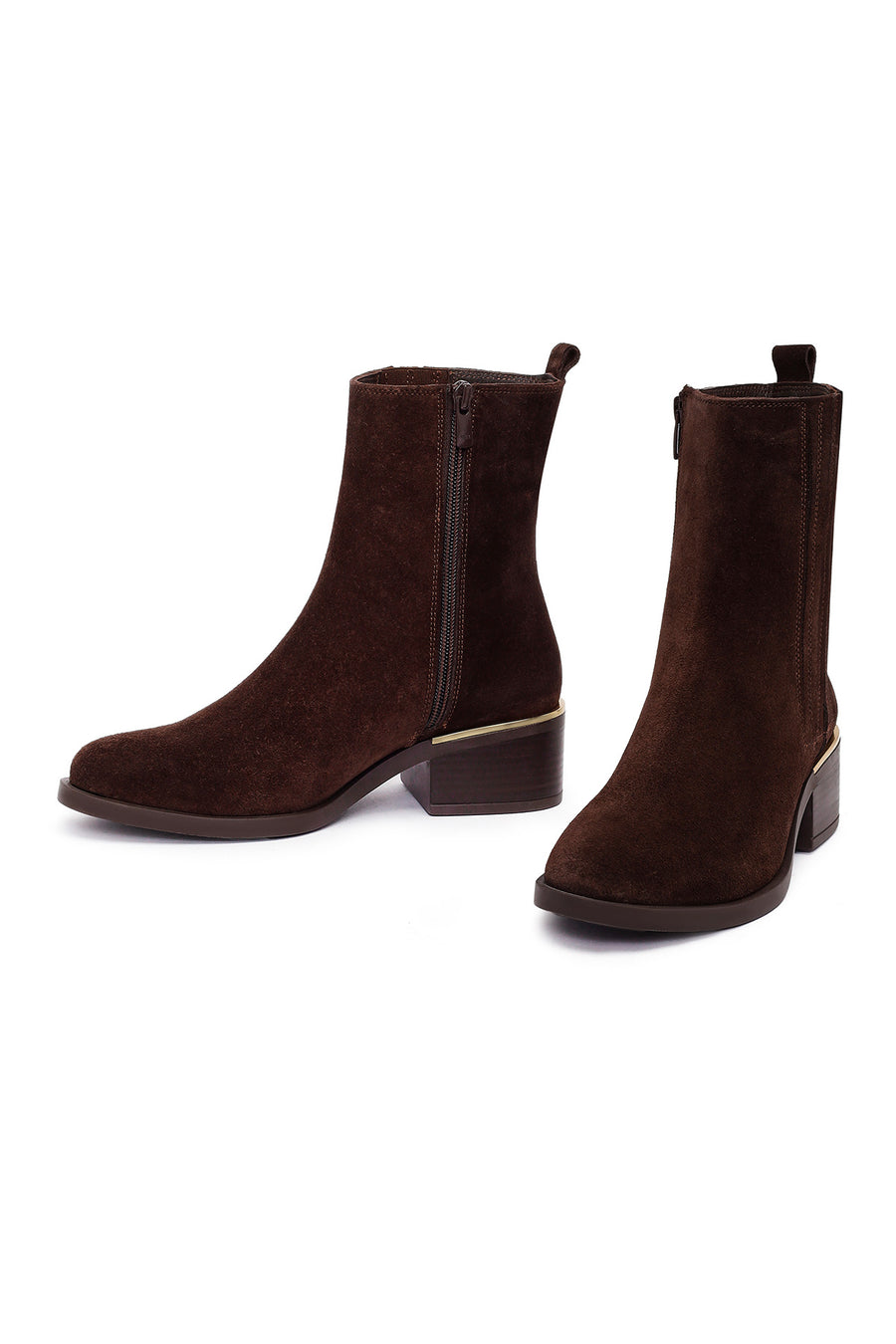Woman Brown Zippered Low Chunky Heel Suede Leather Boat