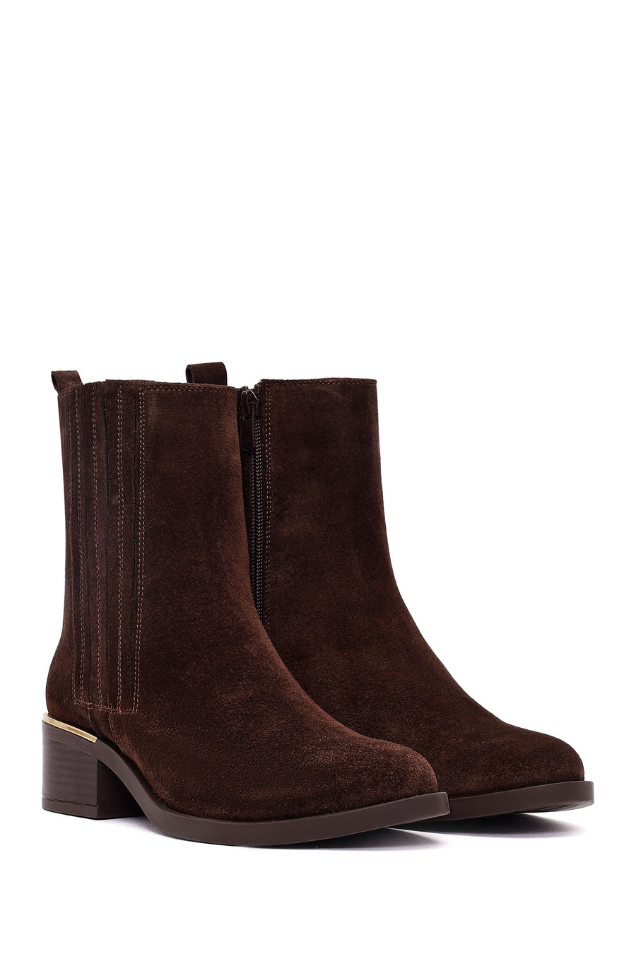 Woman Brown Zippered Low Chunky Heel Suede Leather Boat