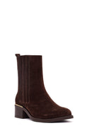 Woman Brown Zippered Low Chunky Heel Suede Leather Boat | Derimod