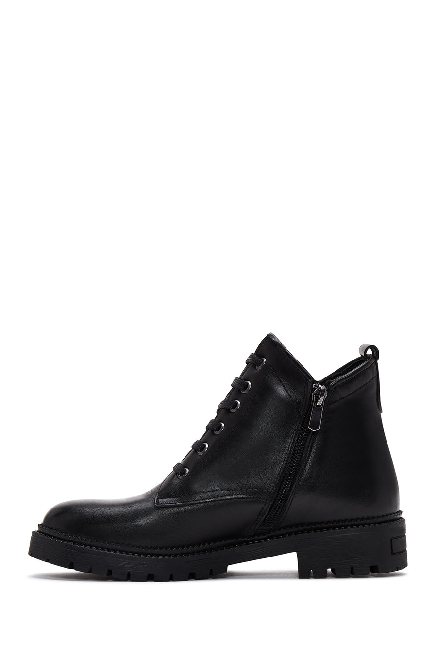 Woman Black Zippered Casual Leather Boat