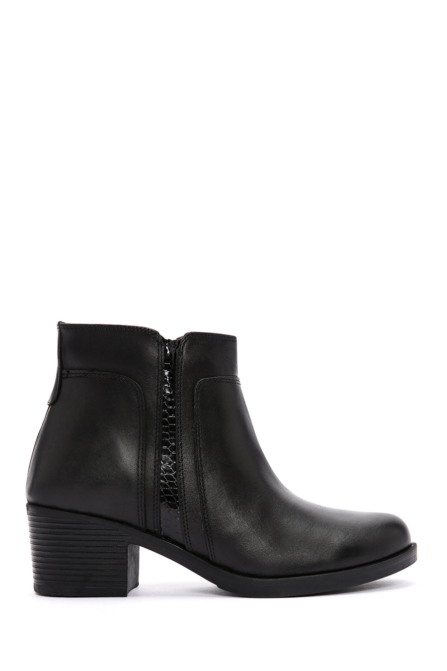 Woman Black Zippered Chunky Heels Leather Boat 25WFD411218 | Derimod