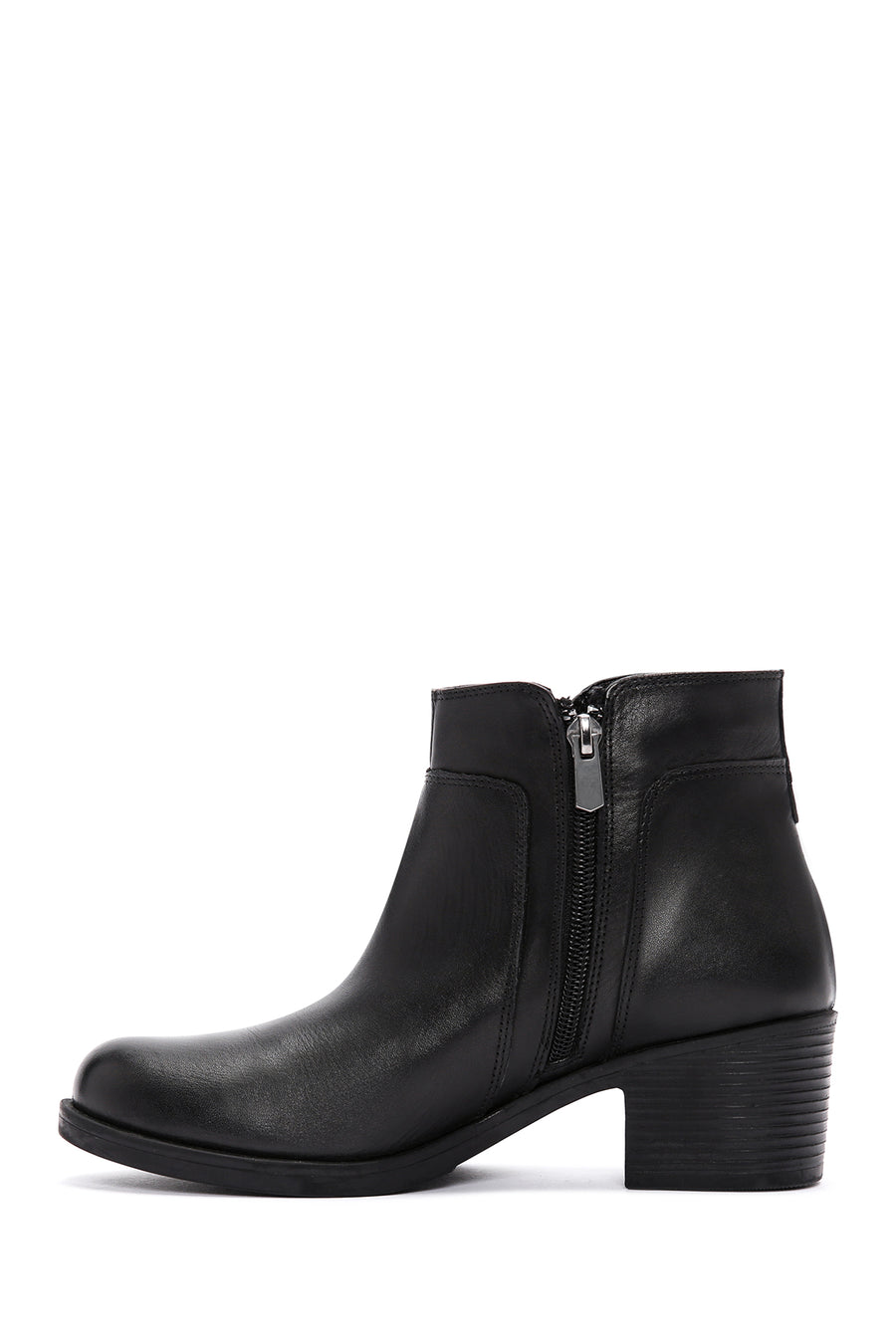 Woman Black Zippered Chunky Heels Leather Boat