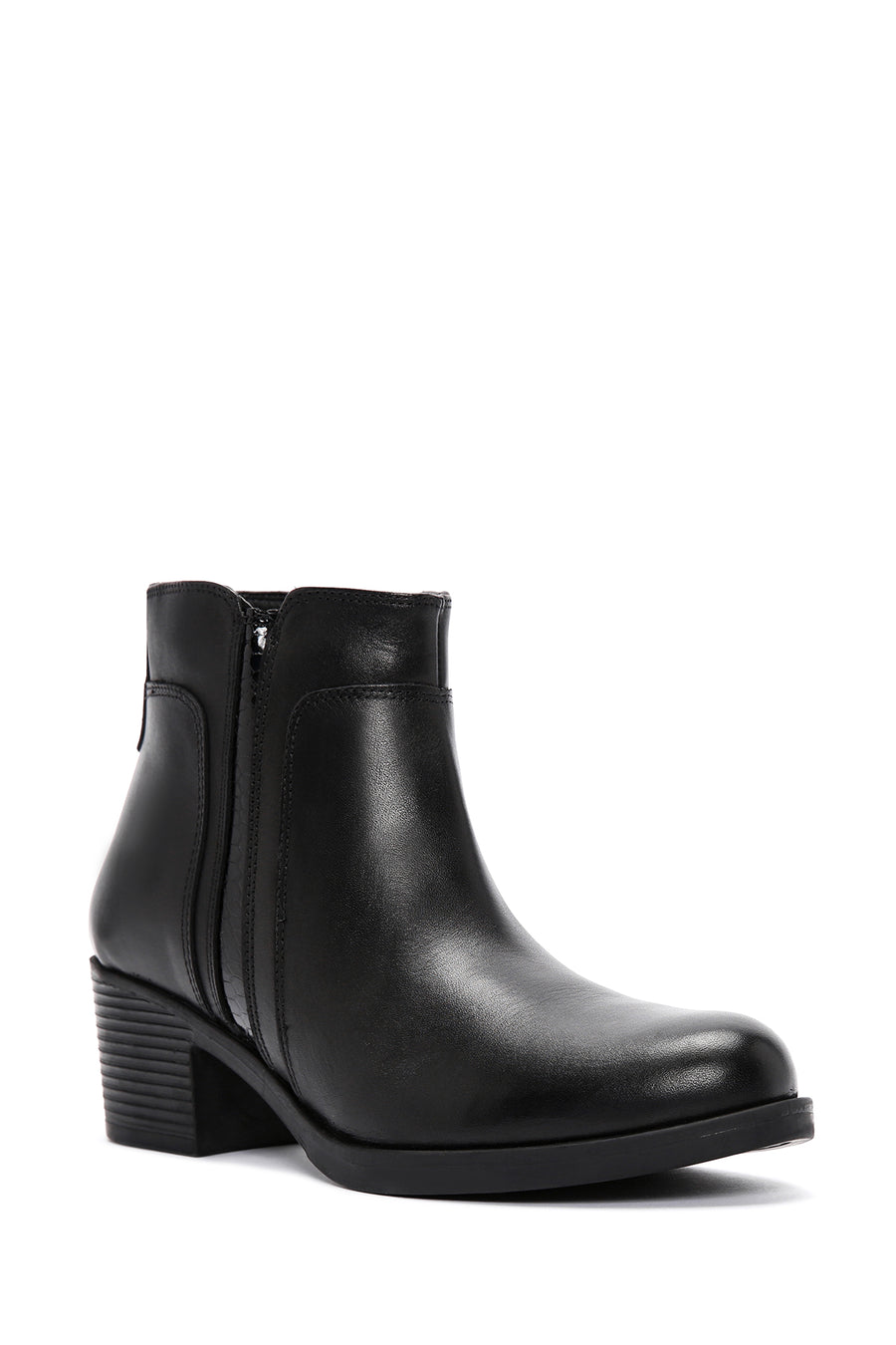 Woman Black Zippered Chunky Heels Leather Boat