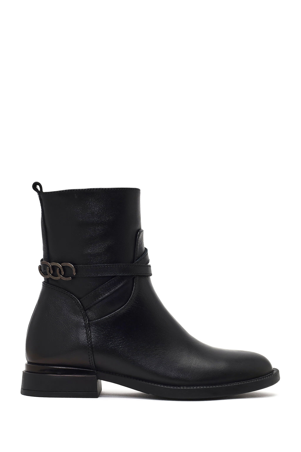 Kadın Siyah Fermuarlı Tokalı Deri Bot