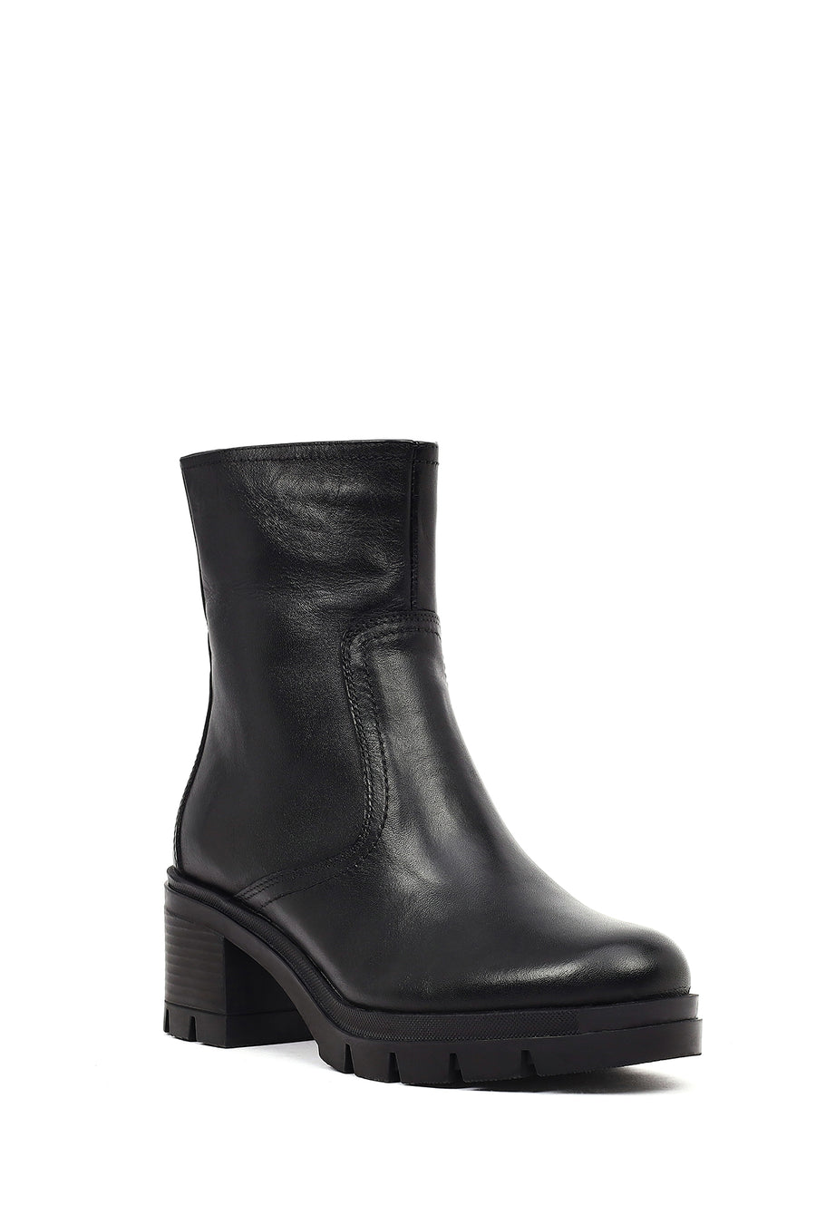 Women's Black Zippered Thick Heeled Leather Boot