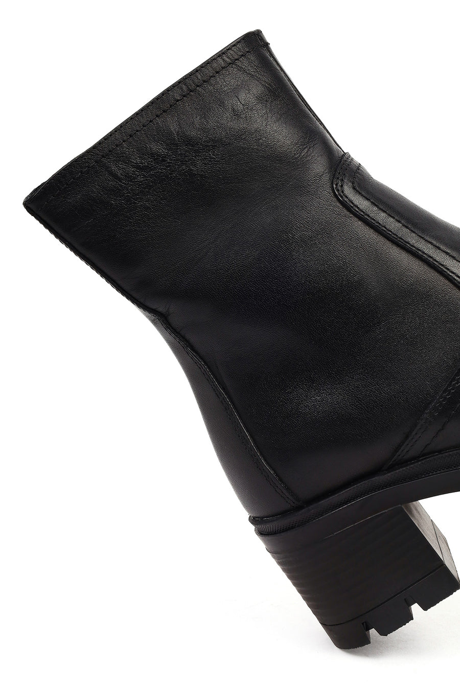 Women's Black Zippered Thick Heeled Leather Boot