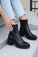 Women's Black Zippered Thick Heeled Leather Boot | Derimod