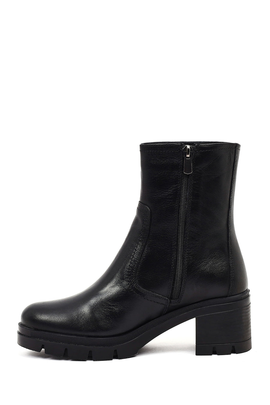 Women's Black Zippered Thick Heeled Leather Boot