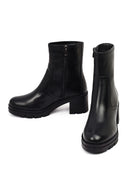 Women's Black Zippered Thick Heeled Leather Boot | Derimod