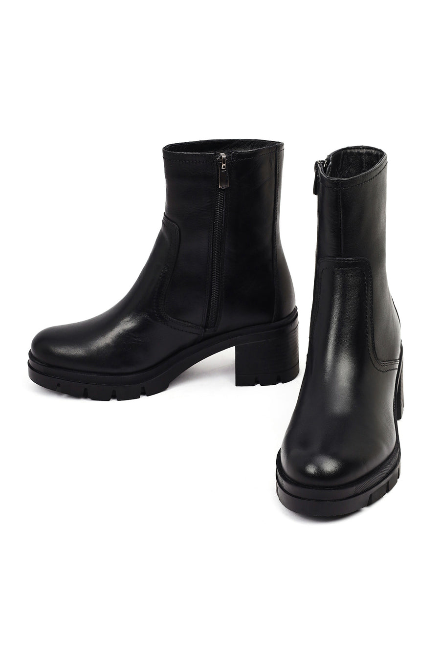 Women's Black Zippered Thick Heeled Leather Boot
