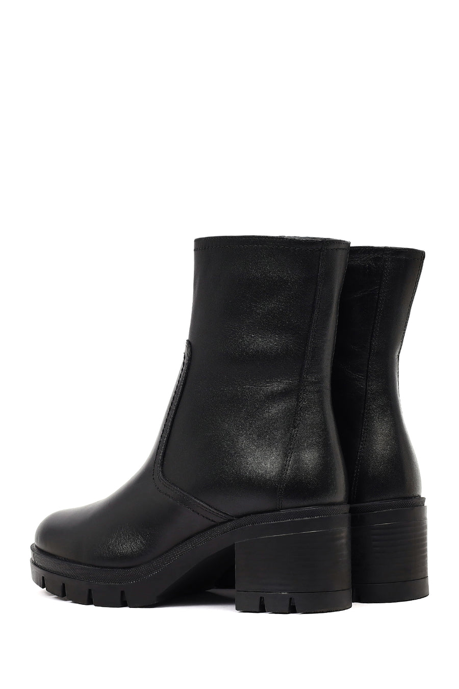 Women's Black Zippered Thick Heeled Leather Boot