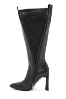 Women's Black Zippered Thin High Heel Leather Boot | Derimod