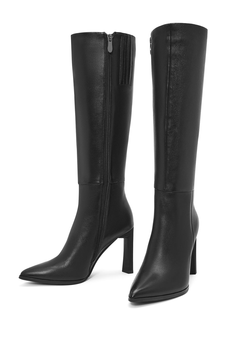 Women's Black Zippered Thin High Heel Leather Boot