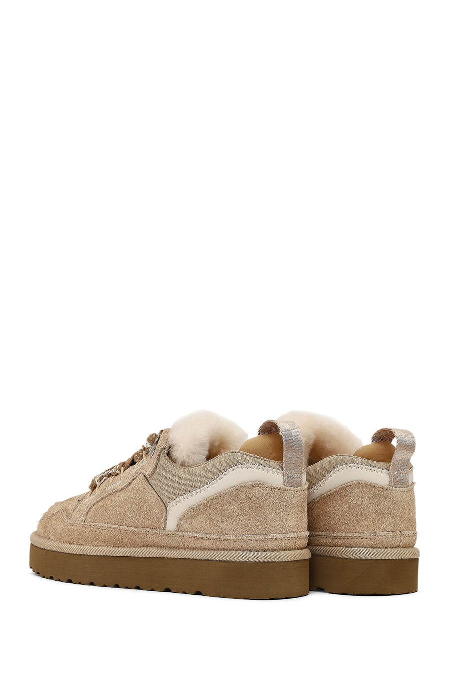 Kadın Bej Bağcıklı Kalın Tabanlı Tüylü Süet Deri Teddy Sneaker