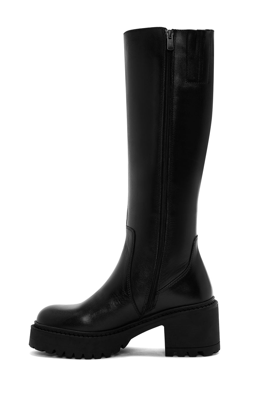 Woman Black Zippered Chunky Heels Leather Boot