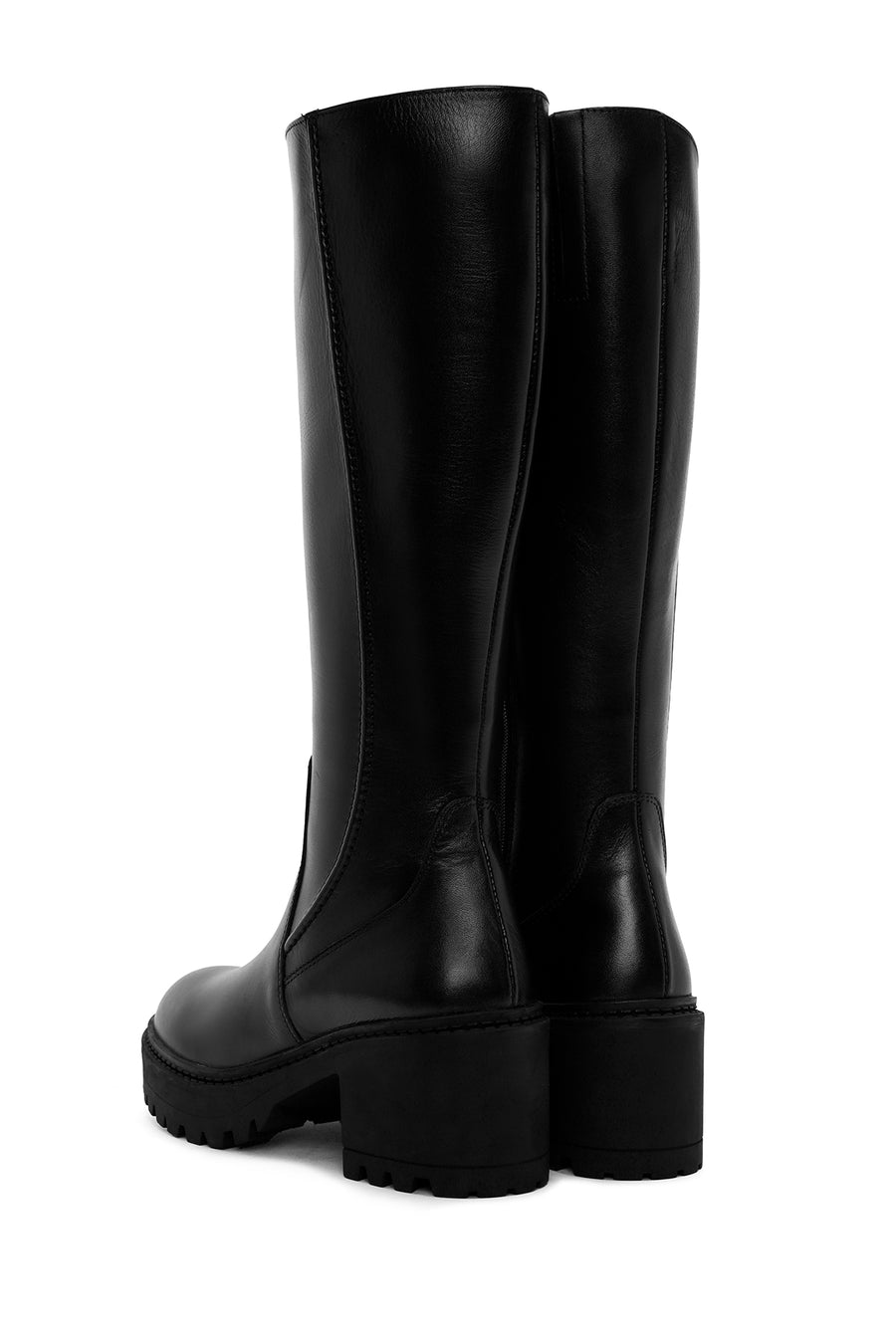 Woman Black Zippered Chunky Heels Leather Boot