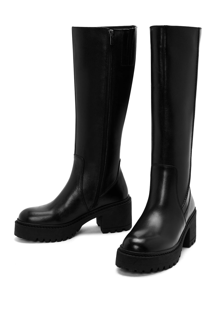 Woman Black Zippered Chunky Heels Leather Boot